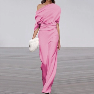 Elegant pink off-shoulder wide-leg jumpsuit with draped waist and chic sleeveless design