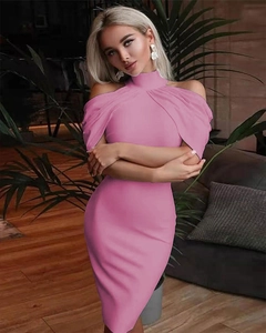 Detailed close-up of pink mock neck cold-shoulder dress with elegant sleeve ruching