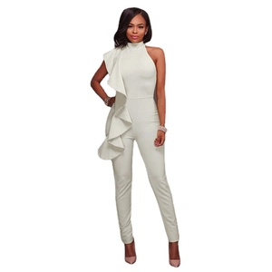 Elegant sleeveless white jumpsuit with asymmetric ruffle detail and slim tapered trousers