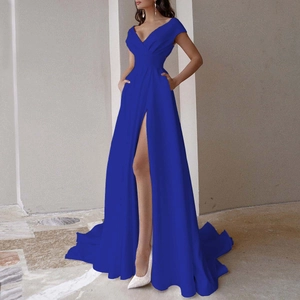Elegant royal blue V-neck evening gown with high slit and flowing floor-length train