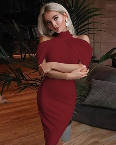 Detail of burgundy halter neck midi dress with cold shoulder cutout and draped sleeves