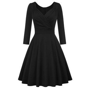 Detail of elegant V-neck pleated bodice and high waist design on black A-line dress