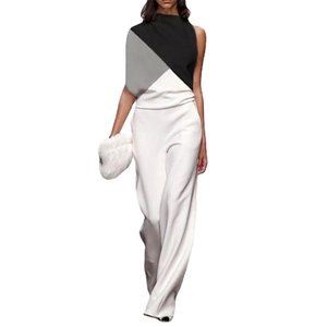 Elegant sleeveless color-block jumpsuit with white wide-leg trousers for modern office style