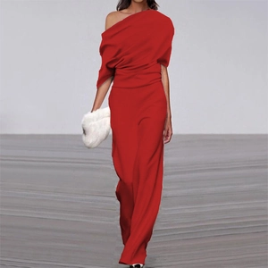 Elegant red off-shoulder wide leg jumpsuit for women with a minimalist asymmetric design