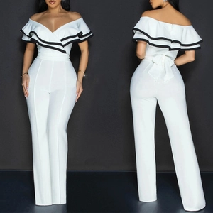 Women Elegant Off The Shoulder Jumpsuit Contrast Ruffle Wide Leg Long Pants Slimming White Romper For Party Social Banquet