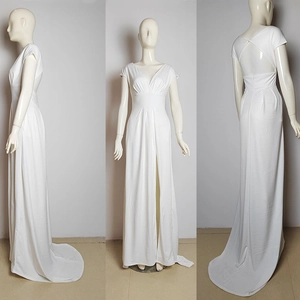 Detailed views showing V-neck, high slit, and backless design of white maxi dress