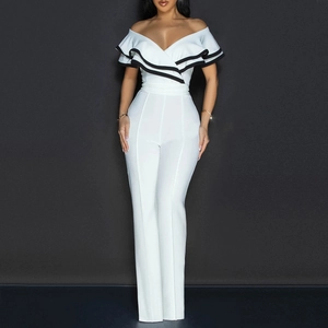 Elegant white off-shoulder jumpsuit with black trimmed ruffles and wide leg pants