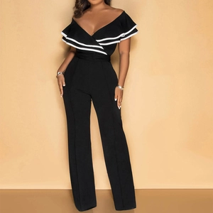 Elegant black wide leg jumpsuit with white contrast ruffled off-shoulder v-neck design
