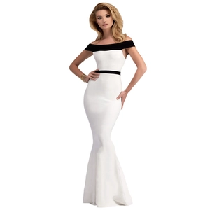 Elegant off-shoulder mermaid evening dress with black color-block waist and hem trim