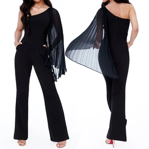 Combinaison Sexy à Une Épaule pour Femme Avec Manche Cape en Mousseline Plissée Taille Haute Jambe Large Élégante pour Fête