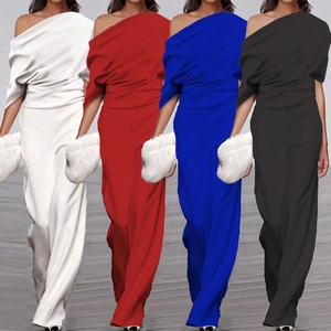 Women Elegant Off-Shoulder Wide Leg Jumpsuit Loose Solid Color Long Pants One-Shoulder Jumpsuit Evening Party Clubwear Outfit