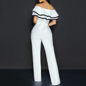 Elegant white off-shoulder jumpsuit with ruffled neckline and stylish back bow tie