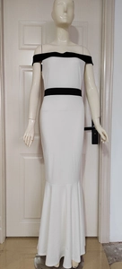 Detail view of contrast black and white off-shoulder bodycon mermaid maxi dress