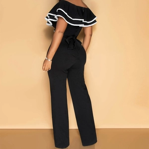 Elegant black off-shoulder jumpsuit with contrast ruffle collar and rear bow tie design