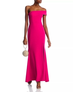 Detail of fuchsia one-shoulder evening gown with high side slit and slim fit silhouette