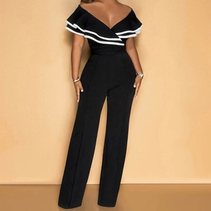 Women Off Shoulder Ruffle Jumpsuit Color Block Striped Edge High Waist Wide Leg Elegant Evening Party Long Romper