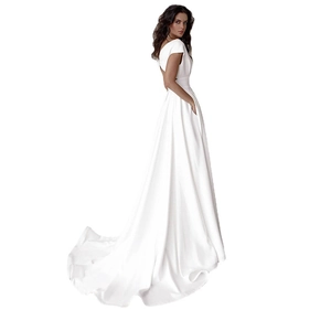 Elegant white satin floor-length evening dress with a V-neck back and train detail