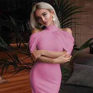 Women Elegant Halter Neck Midi Dress Cut Out Shoulder Bodycon Slim Fit Solid Color Sexy Party Evening Cocktail Wedding Dress