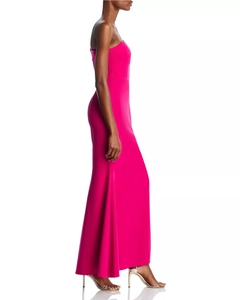 Elegant rose red off-shoulder long dress with side slit showing fabric texture