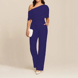 Elegant deep purple one-shoulder jumpsuit with cinched waist and wide leg trousers