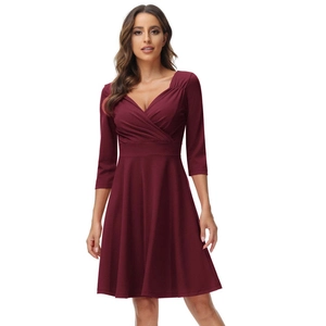 Elegant burgundy V-neck midi dress with 3/4 sleeves and A-line silhouette for cocktail parties