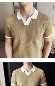 Close-up of men's knit polo shirt with V-shaped texture and white contrast collar trims