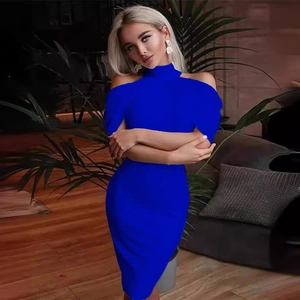 Royal blue halter neck slim fit midi dress with shoulder cut-out for women
