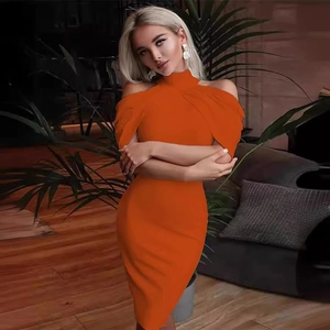 Slim fit orange halter neck dress with shoulder cut-out details and bodycon silhouette