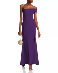Detail of elegant dark purple off-shoulder maxi dress featuring a high side slit
