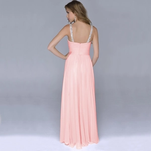 Pink chiffon evening dress with sparkling sequin straps and elegant floor-length hemline
