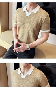 Close-up of khaki knitted polo shirt featuring white contrast collar and textured chevron pattern