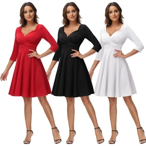 Women V Neck Three Quarter Sleeve A Line Midi Dress Elegant Solid Color High Waist Pleated Cocktail Party Evening Dress