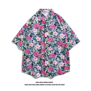 Hawaiian floral men's short sleeve shirt with tropical hibiscus print on navy blue