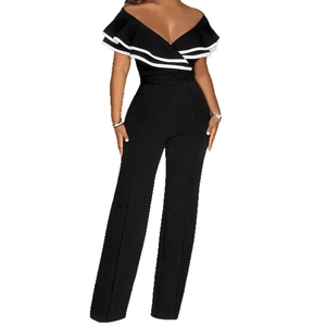 Elegant off-shoulder black jumpsuit with double-layered contrast ruffle neckline and wide legs