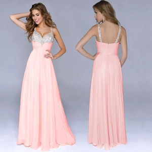 Detail of light pink chiffon evening gown featuring silver sequins and a-line floor-length skirt