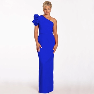 Elegant royal blue one-shoulder maxi dress with puff sleeve and slim fit design