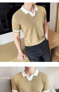 Detailed V-shaped knitted texture and white contrast trim on slim fit polo shirt