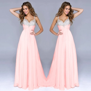 Women Elegant Chiffon Maxi Evening Dress Sequin Spaghetti Strap A-Line Formal Gown For Wedding Party Banquet Pink