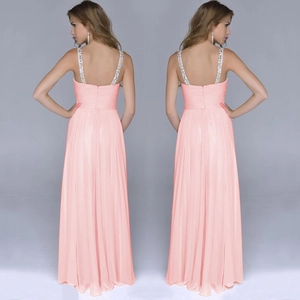 Elegant pink chiffon evening gown with sequined straps and backless pleated skirt design