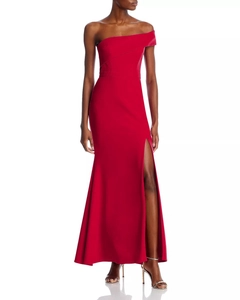 Detail of red one-shoulder evening gown with a high side slit and slim-fit floor-length cut