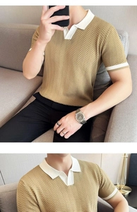 Detail view of camel knit polo shirt with white contrast collar and textured wave pattern