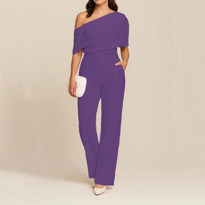 Detail of elegant dark purple one-shoulder jumpsuit with wide-leg trousers for women