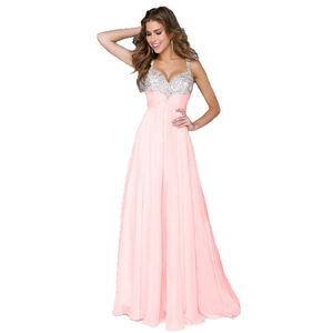 Sparkly peach chiffon prom dress with sequin bodice and thin shoulder straps