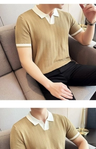 Detailed wave-knit texture on khaki polo shirt with white contrast collar and cuffs