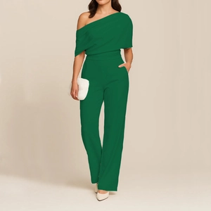 Elegant dark green one-shoulder wide-leg jumpsuit with belted waist and side pockets