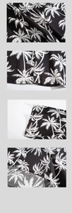 Detailed close-up of stitching and tropical palm tree print on summer shirt fabric