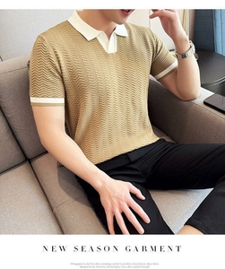 Detail of khaki knit polo shirt featuring a white contrast collar and textured herringbone weave