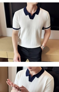 Detail of slim fit knit Polo shirt featuring navy blue contrast collar and sleeve cuffs