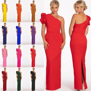Women Sexy One Shoulder Puff Sleeve Bodycon Maxi Dress Elegant Split Back Formal Evening Gown Party Wedding Long Dress