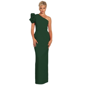Elegant one-shoulder dark green evening gown with exaggerated puff sleeve and floor-length fit
